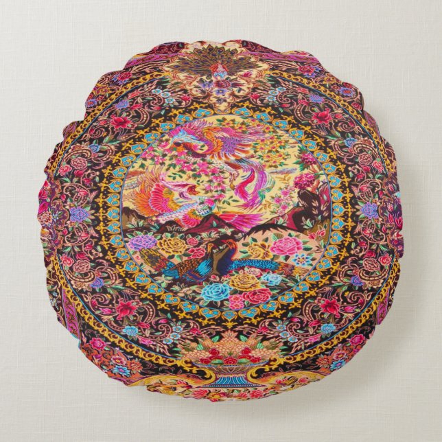 Cojín Redondo Flores florales persas azul oro rosado arte de pav (Anverso)