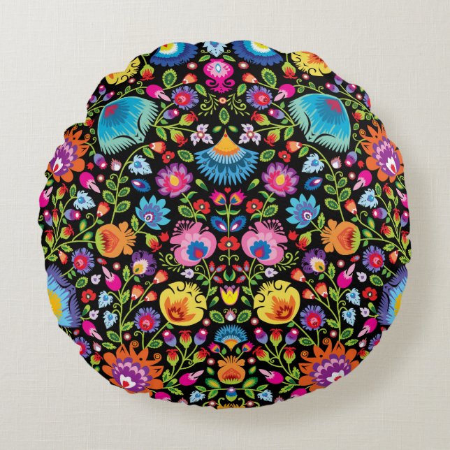 Cojín Redondo Flores folclóricas Wycinanki negro (Anverso)