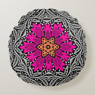 Cojín Redondo Flores geométricas - rosa y gris de la fucsia