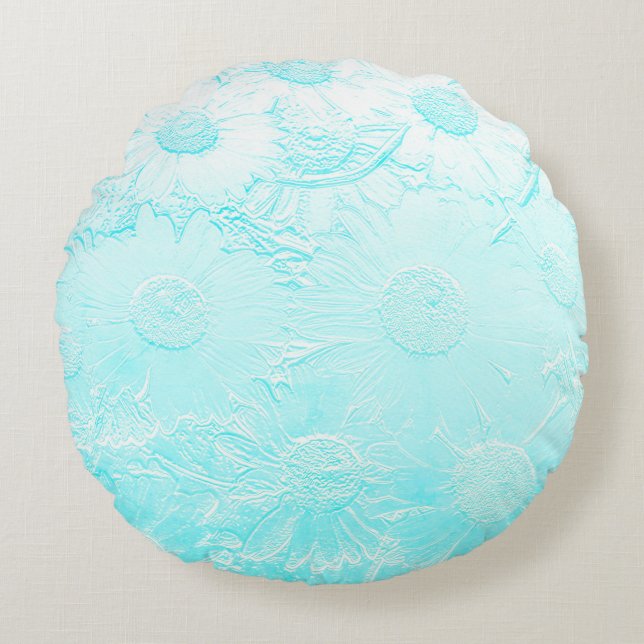 Cojín Redondo Flores grabado en relieve azules de hielo (Anverso)