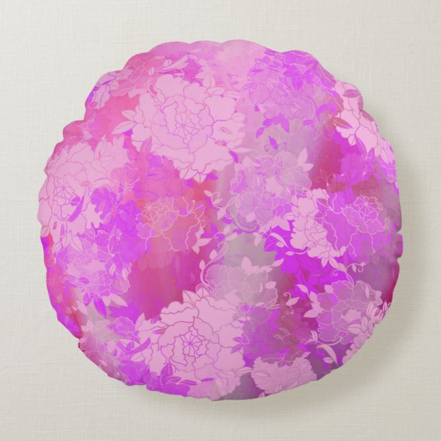 Cojín Redondo Flores japonesas en tonos rosa (Anverso)