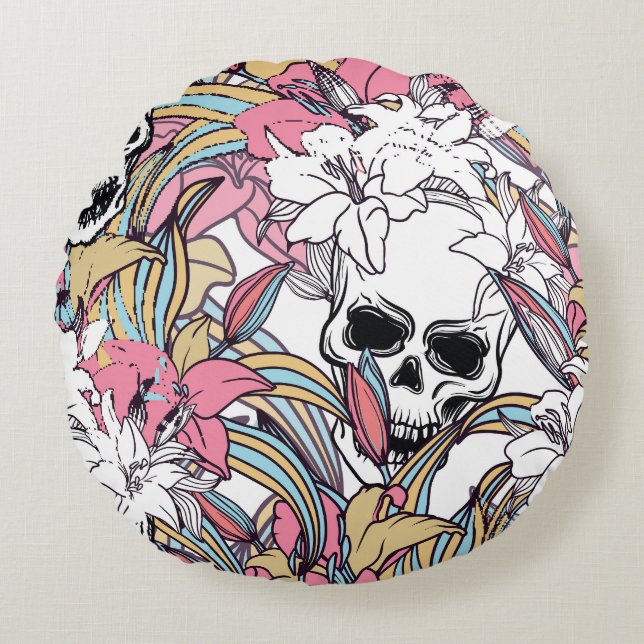 Cojín Redondo Flores Lily Skulls: Boho Vintage. (Anverso)