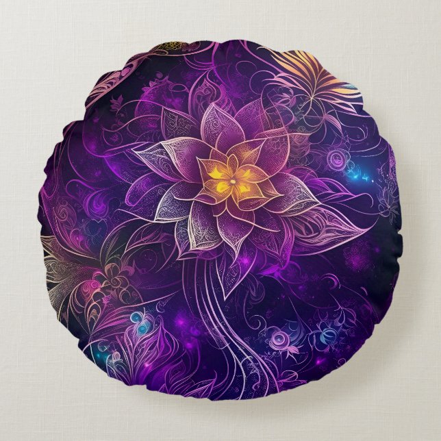 Cojín Redondo Flores mágicas moradas que brillan (Anverso)