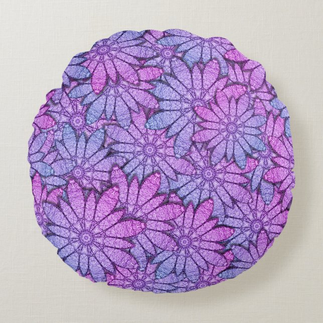 Cojín Redondo Flores Moradas Divertidas (Anverso)