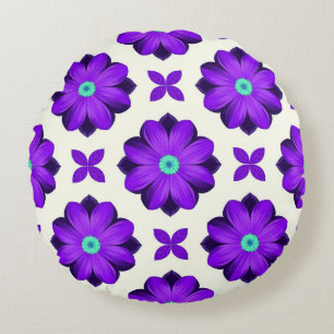 Cojín Redondo Flores Moradas Vibrantes y Motivos de Hoja