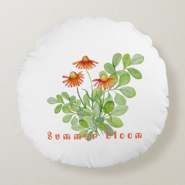 Cojín Redondo Flores naranjas acuarelas (Anverso)