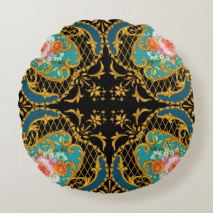 Cojín Redondo Flores Naranjas rosas: composición cuadrada