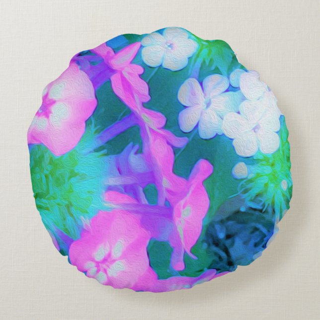 Cojín Redondo Flores Phlox en los jardines rosa, verde, azul y b (Reverso)
