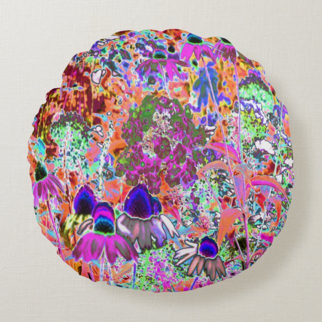 Cojín Redondo Flores psicodélicas de jardín verde de cal y rosa  (Anverso)