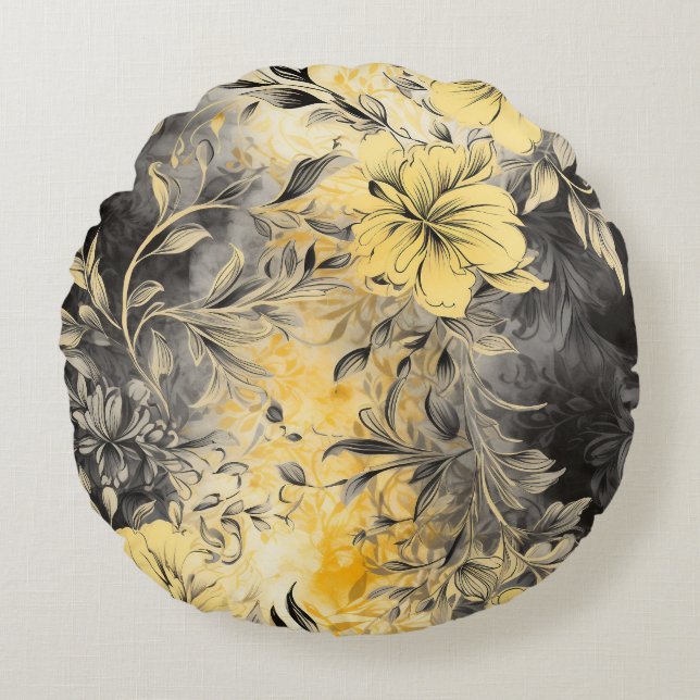 Cojín Redondo Flores radiantes: amarillo y negro (Anverso)