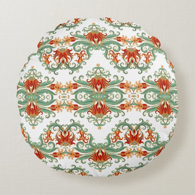 Cojín Redondo Flores rojas estilo chino ornamental (Anverso)