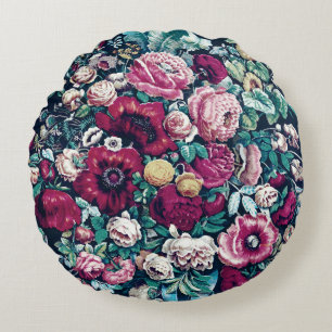 Cojín Redondo Flores Rosa Magenta Verde Azul Turquesa Peonía y R