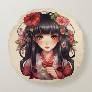 Cojín Redondo Flores rosadas de chica anime