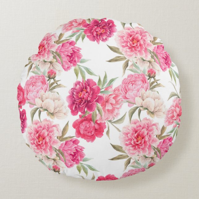 Cojín Redondo Flores rosadas de peón sin inconvenientes (Anverso)