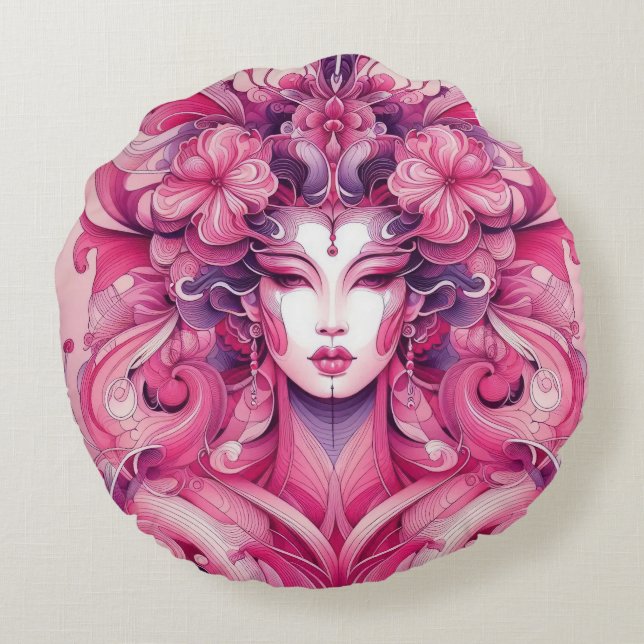 Cojín Redondo Flores rosadas geisha abstractas orientales simétr (Reverso)