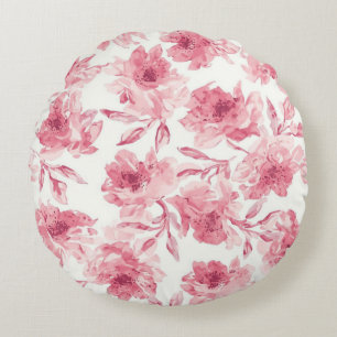 Cojín Redondo Flores rosadas sonrosadas acuarela pintada floral 