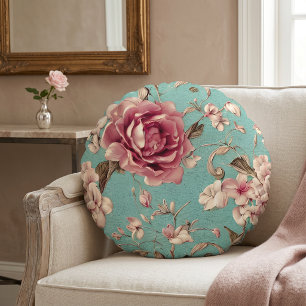 Cojín Redondo Flores rosadas y blancas de estilo shabby chic sob