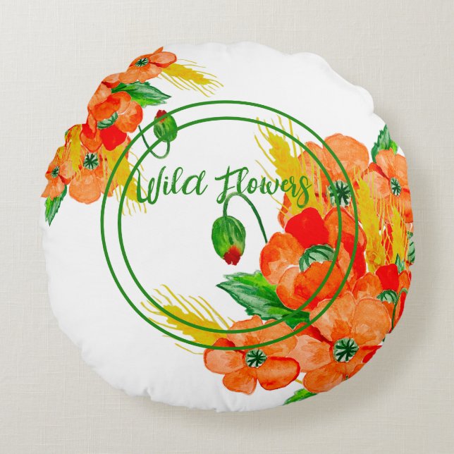 Cojín Redondo Flores silvestres acuarela (Anverso)