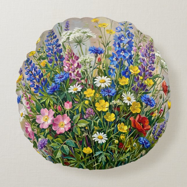 Cojín Redondo Flores silvestres de pradera veraniega (Anverso)