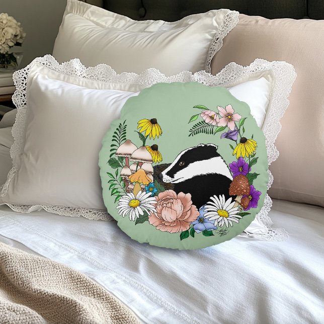 Cojín Redondo Flores Silvestres de Tejón de Bosque Hongos Verde  (Subido por el creador)