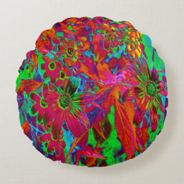 Cojín Redondo Flores silvestres rojas y verdes psicodélicas Groo