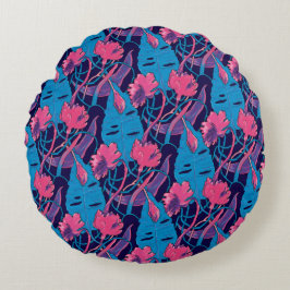 Cojín Redondo Flores Silvestres Tropicales Azules Rosadas Modern