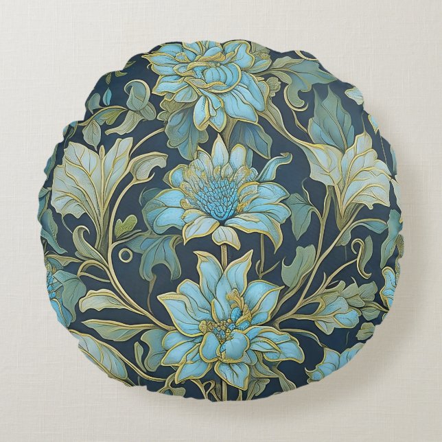 Cojín Redondo Flores Teal de William Morris (Anverso)