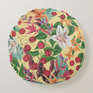 Cojín Redondo Flores tropicales cereza: marea sin mar acuarela