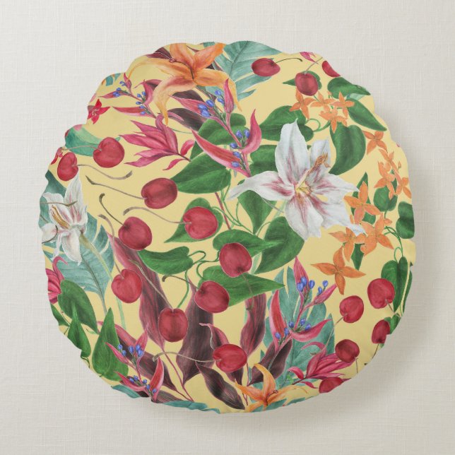 Cojín Redondo Flores tropicales cereza: marea sin mar acuarela (Anverso)