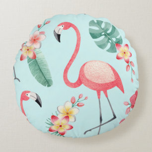 Cojín Redondo Flores tropicales Flamingos Patrón de acuarela