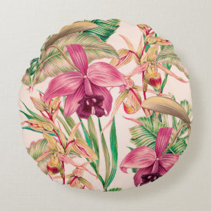 Cojín Redondo Flores tropicales, flor de orquídea, hojas de la j