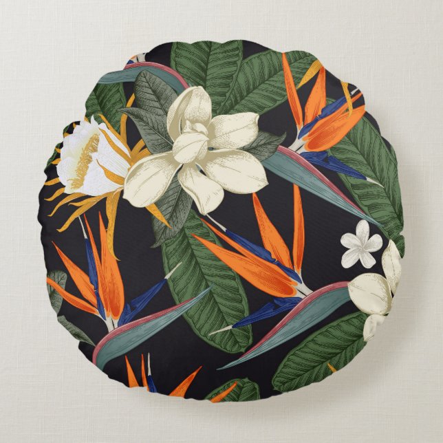 Cojín Redondo Flores tropicales, fondo oscuro, sin costura flora (Anverso)