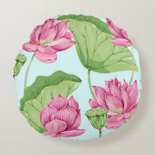 Cojín Redondo Flores tropicales, hojas, loto rosado, lirio acuát