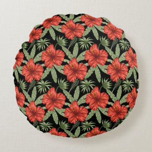 Cojín Redondo Flores tropicales rojas patrón de hojas verdes sin