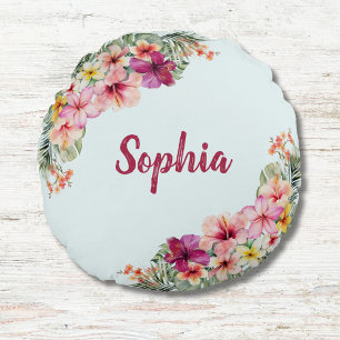 Cojín Redondo Flores Tropicales Rosa Monogramadas Floral Botánic