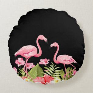 Cojín Redondo Flores Tropicales y Diseño de Flamencos