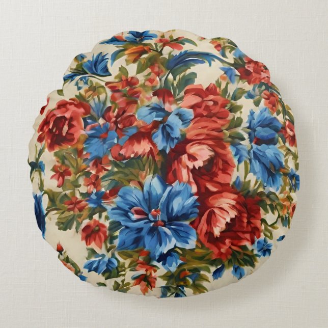 Cojín Redondo Flores verdes rojas y azules con hojas exuberantes (Anverso)