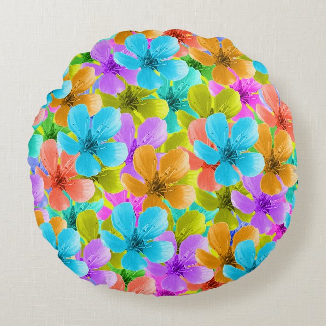 Cojín Redondo Flores vibrantes multicolor, (Anverso)