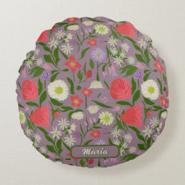 Cojín Redondo Flores Violetas Blancas Y Rosa