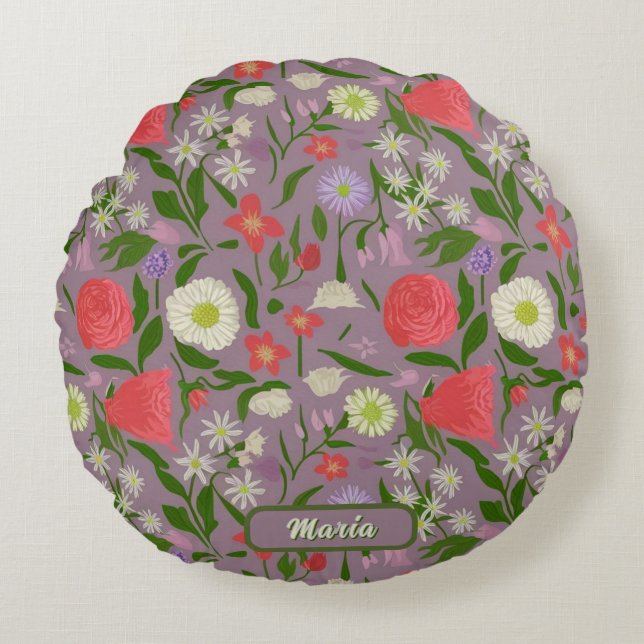 Cojín Redondo Flores Violetas Blancas Y Rosa (Anverso)