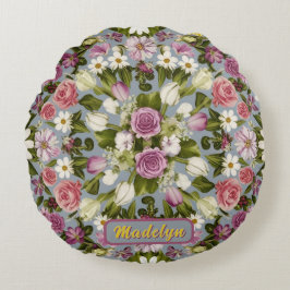 Cojín Redondo Flores Violetas Blancas Y Rosa