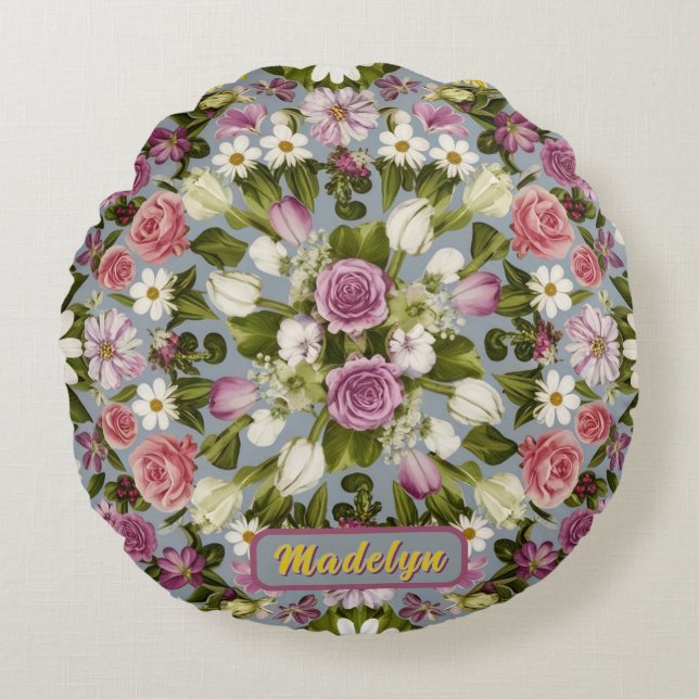 Cojín Redondo Flores Violetas Blancas Y Rosa (Anverso)