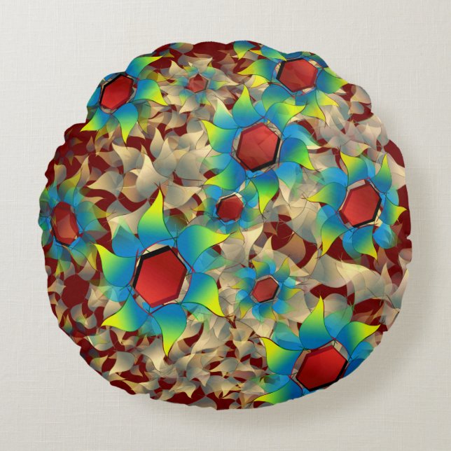 Cojín Redondo Flores virtuales raras, pétalos azulados sobre roj (Anverso)