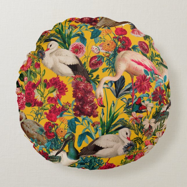 COJÍN REDONDO FLORES Y AVES XVIII (Anverso)