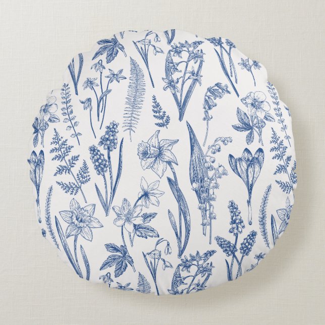 Cojín Redondo Flores y hierbas de primavera antiguas (Anverso)