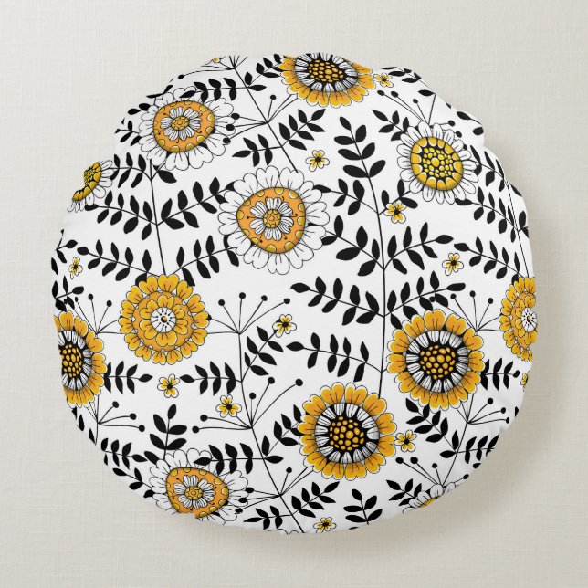 Cojín Redondo Flores y hojas de perro en amarillo y negro (Anverso)