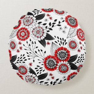Cojín Redondo Flores y hojas de perro en rojo y negro