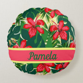 Cojín Redondo Flores y hojas tropicales