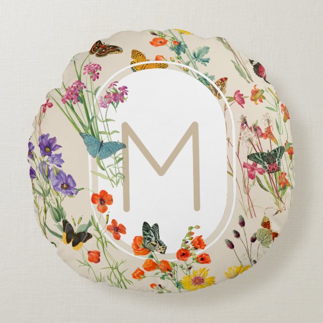 Cojín Redondo Flores y mariposas acuáticas Jardín floral (Anverso)