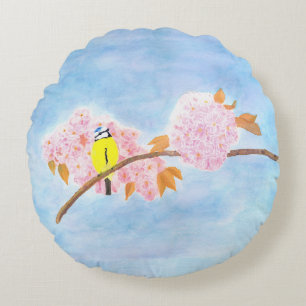 Cojín Redondo Flores y pájaro de jardín